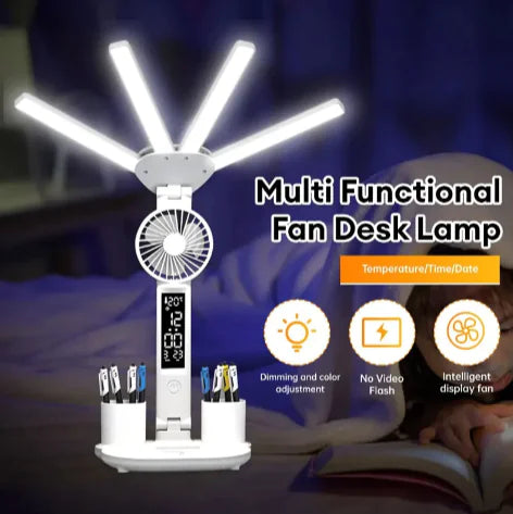 Lámpara de escritorio LED 3 en 1 con ventilador y reloj